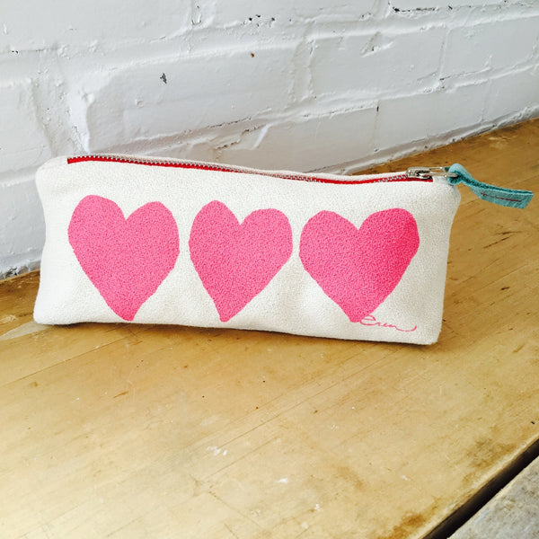 Heart Flat Pencil Zipper Bag/ Hot Pink