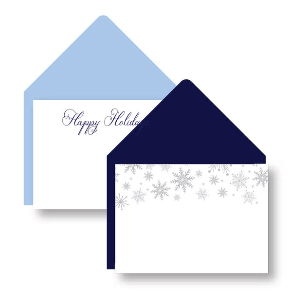 Navy Letterpress/Brushed Silver Foil, Happy Holidays & Snowflakes.  S/10