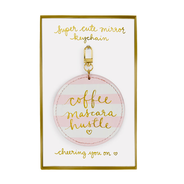 Round Mirror Keychain Pink Stripe Coffee Mascara Hustle