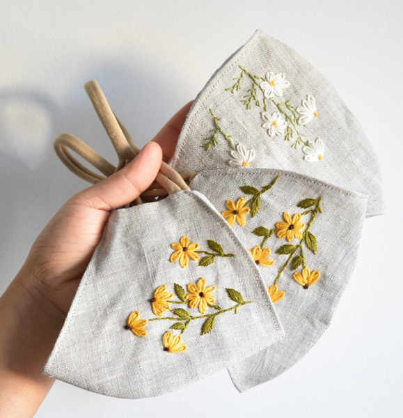 Hand Embroidered Face Mask, Chamomile And Black Eyed Susan
