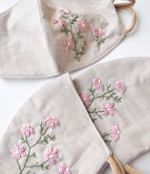 Handmade Pink Chamomile Embroidered Face Mask